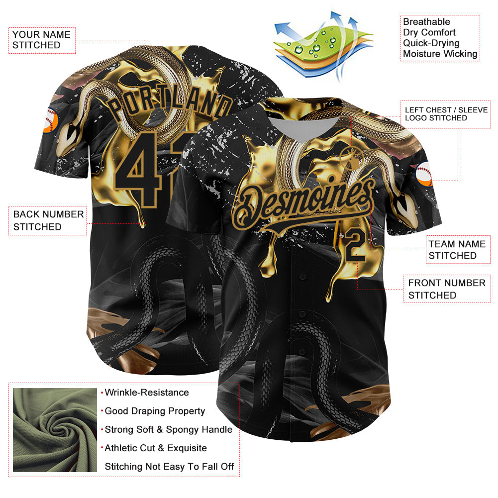 Custom Black Old Gold 3D Pattern Design Animal Snake Authentic Baseball Jersey - Sky-Custom