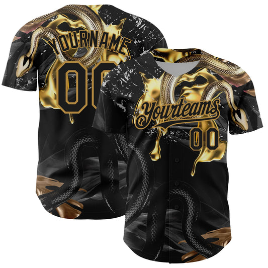 Custom Black Old Gold 3D Pattern Design Animal Snake Authentic Baseball Jersey - Sky-Custom