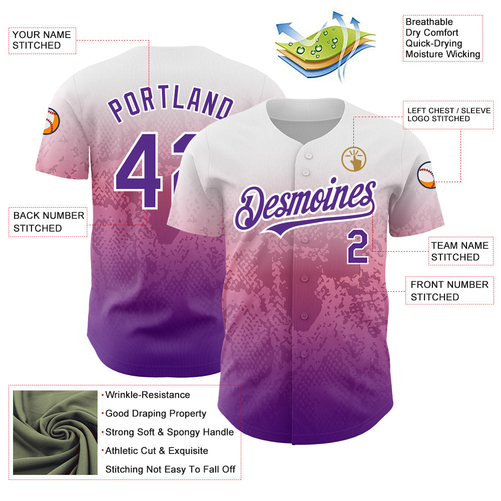 Custom White Purple-Pink 3D Pattern Design Gradient Style Animal Snake Authentic Baseball Jersey - Sky-Custom