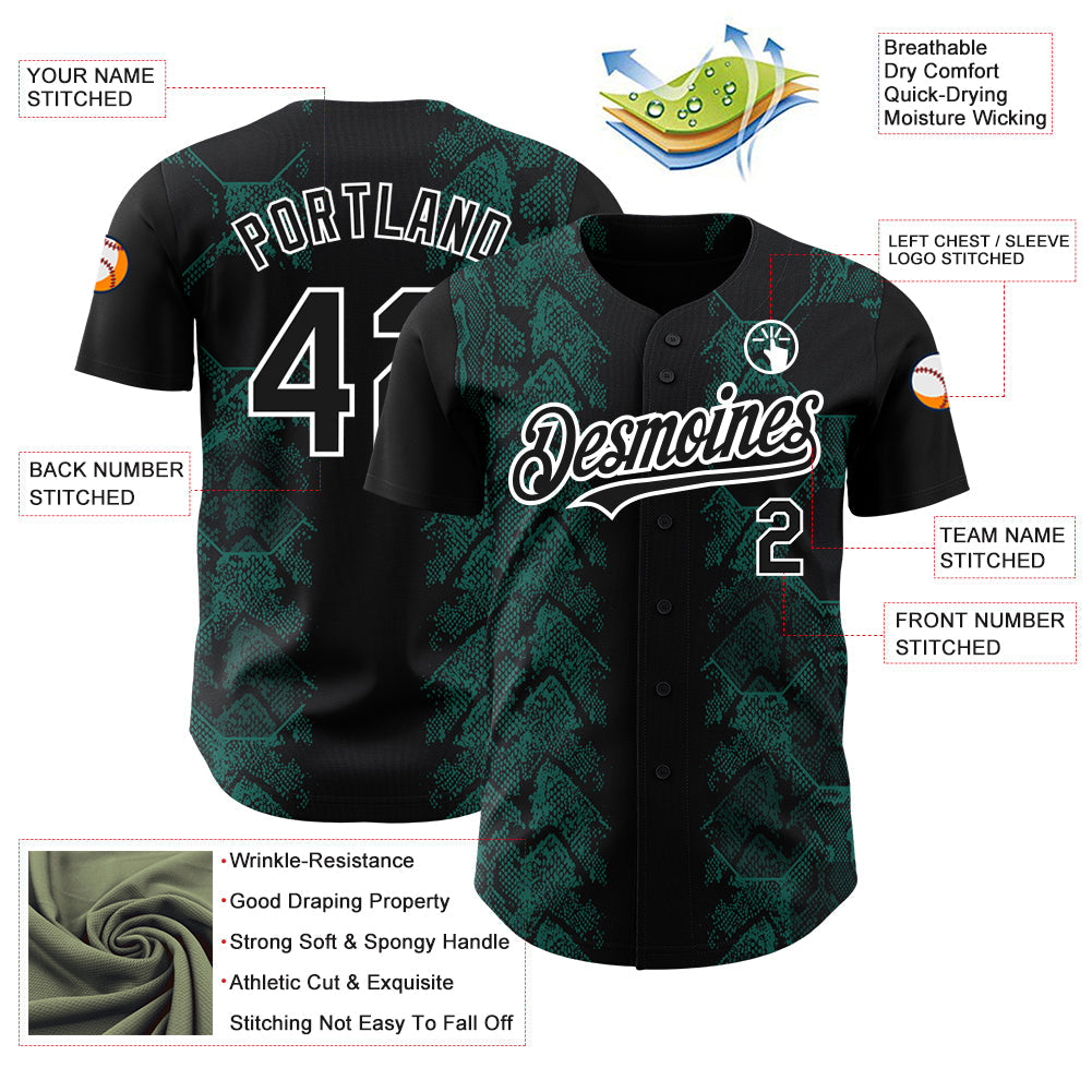 Custom Black Midnight Green-White 3D Pattern Design Animal Snake Authentic Baseball Jersey - Sky-Custom