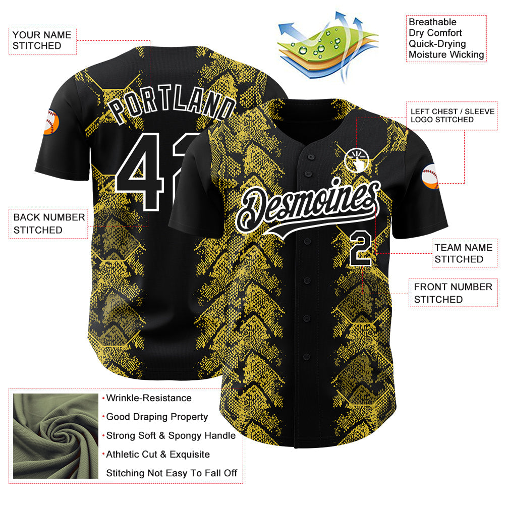 Custom Black Yellow-White 3D Pattern Design Animal Snake Authentic Baseball Jersey - Sky-Custom