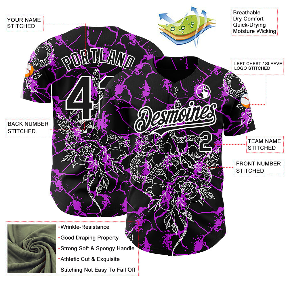 Custom Black Purple-White 3D Pattern Design Animal Snake Authentic Baseball Jersey - Sky-Custom