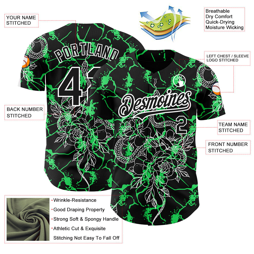 Custom Black Neon Green-White 3D Pattern Design Animal Snake Authentic Baseball Jersey - Sky-Custom
