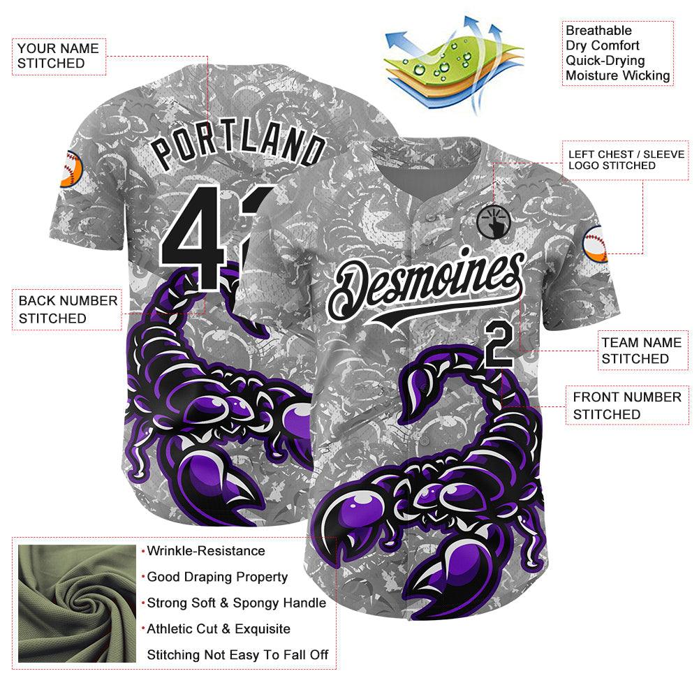 Custom Gray Black-White 3D Pattern Design Animal Scorpion Authentic Baseball Jersey - Sky-Custom