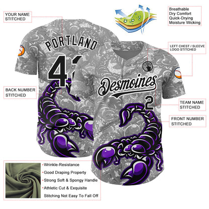 Custom Gray Black-White 3D Pattern Design Animal Scorpion Authentic Baseball Jersey - Sky-Custom