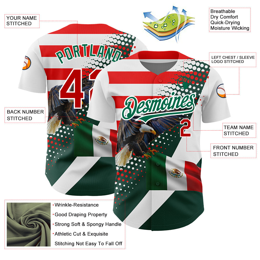 Custom White Red-Kelly Green 3D Mexico Authentic Baseball Jersey - Sky-Custom