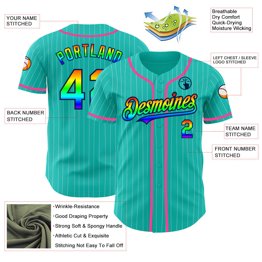 Custom Aqua White Pinstripe Rainbow Navy-Pink 3D Authentic Baseball Jersey - Sky-Custom