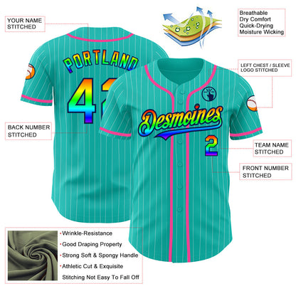 Custom Aqua White Pinstripe Rainbow Navy-Pink 3D Authentic Baseball Jersey - Sky-Custom