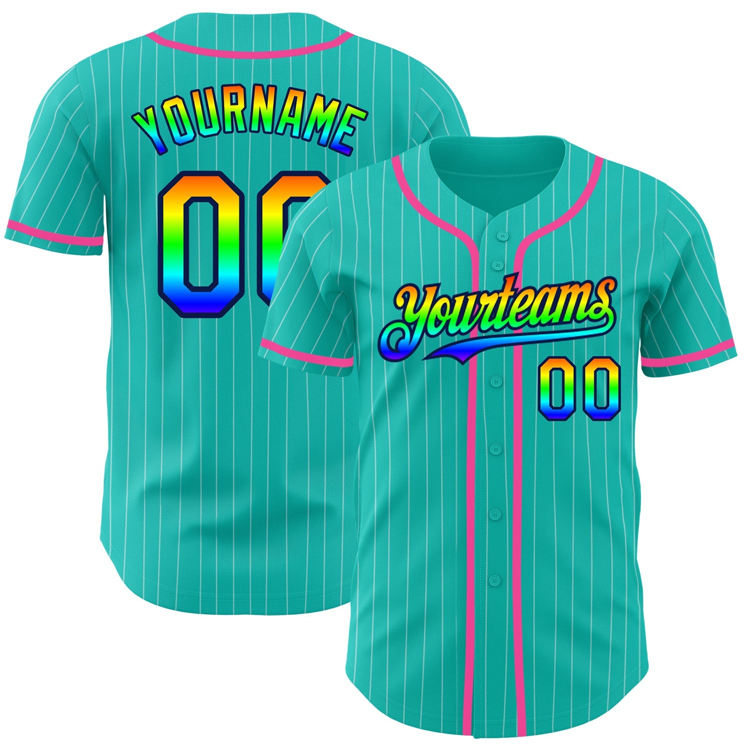 Custom Aqua White Pinstripe Rainbow Navy-Pink 3D Authentic Baseball Jersey - Sky-Custom