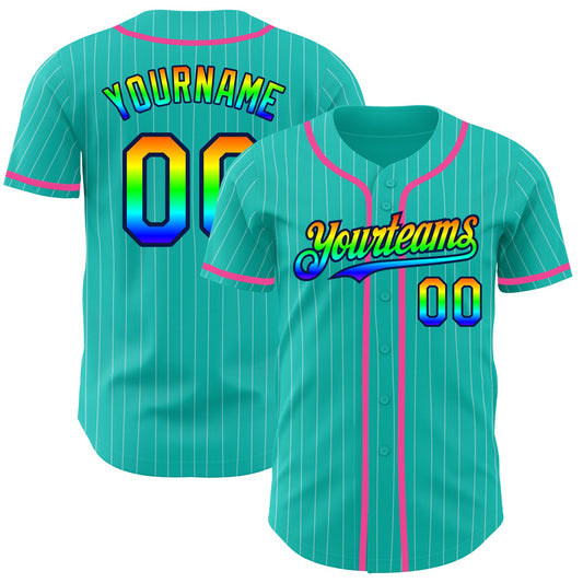 Custom Aqua White Pinstripe Rainbow Navy-Pink 3D Authentic Baseball Jersey - Sky-Custom