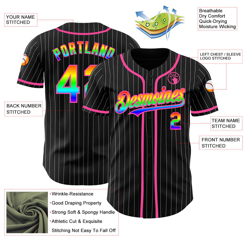 Custom Black White Pinstripe Rainbow-Pink 3D Authentic Baseball Jersey - Sky-Custom