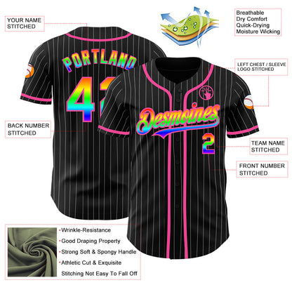 Custom Black White Pinstripe Rainbow-Pink 3D Authentic Baseball Jersey - Sky-Custom