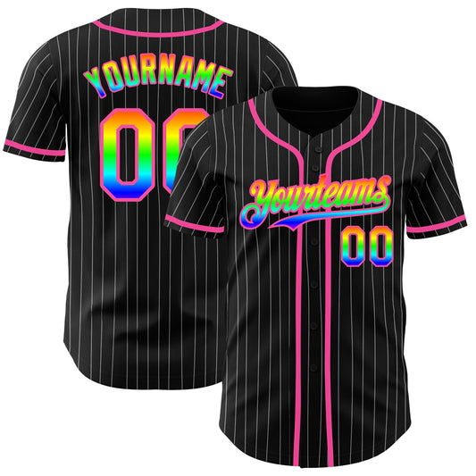 Custom Black White Pinstripe Rainbow-Pink 3D Authentic Baseball Jersey - Sky-Custom