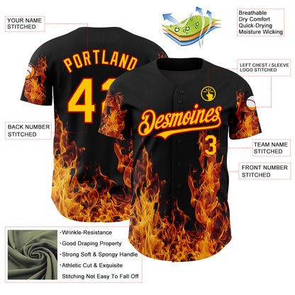 Custom Black Red-Yellow 3D Pattern Design Flame Authentic Baseball Jersey - Sky-Custom