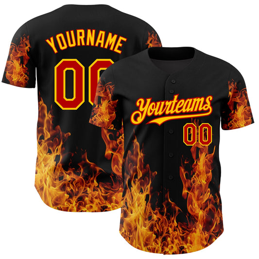 Custom Black Red-Yellow 3D Pattern Design Flame Authentic Baseball Jersey - Sky-Custom