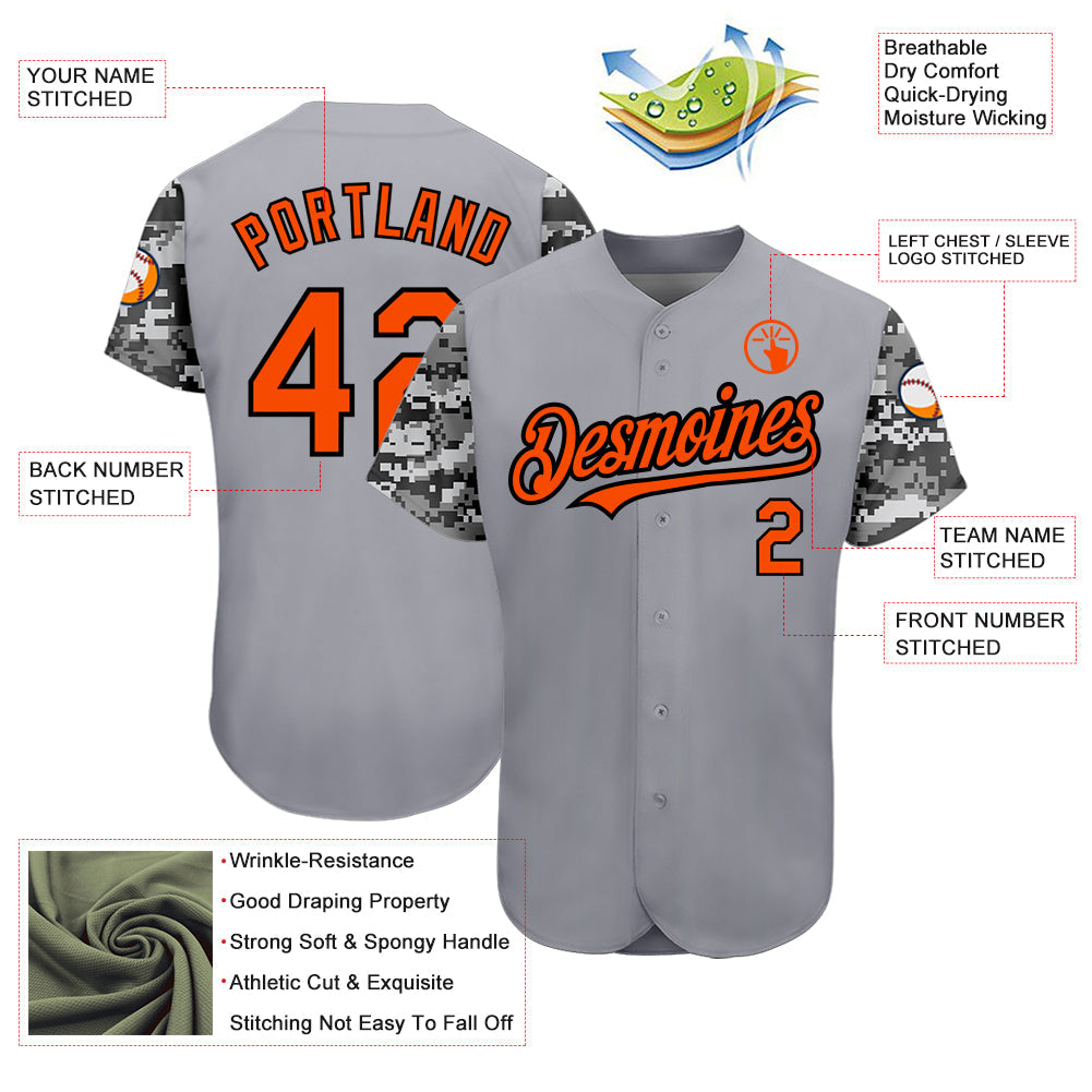 Custom Gray Orange Black-Camo 3D Pattern Design Authentic Baseball Jersey - Sky-Custom