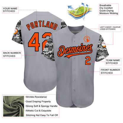 Custom Gray Orange Black-Camo 3D Pattern Design Authentic Baseball Jersey - Sky-Custom