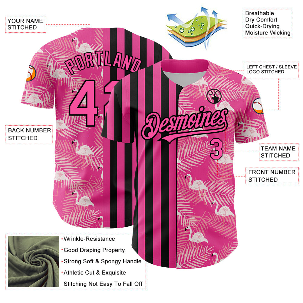 Custom Pink Black 3D Pattern Design Tropical Palm Leaves And Famingo Authentic Baseball Jersey - Sky-Custom