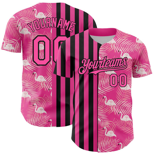 Custom Pink Black 3D Pattern Design Tropical Palm Leaves And Famingo Authentic Baseball Jersey - Sky-Custom