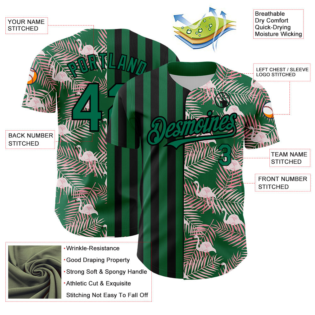 Custom Kelly Green Black 3D Pattern Design Tropical Palm Leaves And Famingo Authentic Baseball Jersey - Sky-Custom