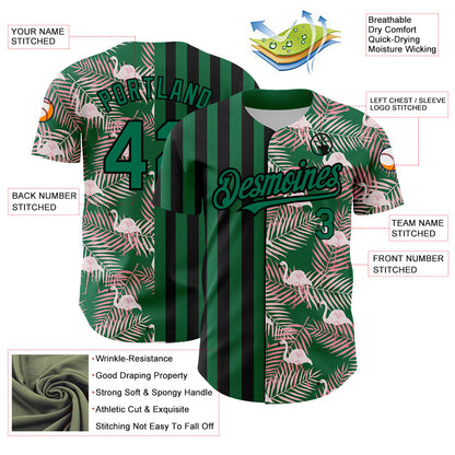Custom Kelly Green Black 3D Pattern Design Tropical Palm Leaves And Famingo Authentic Baseball Jersey - Sky-Custom
