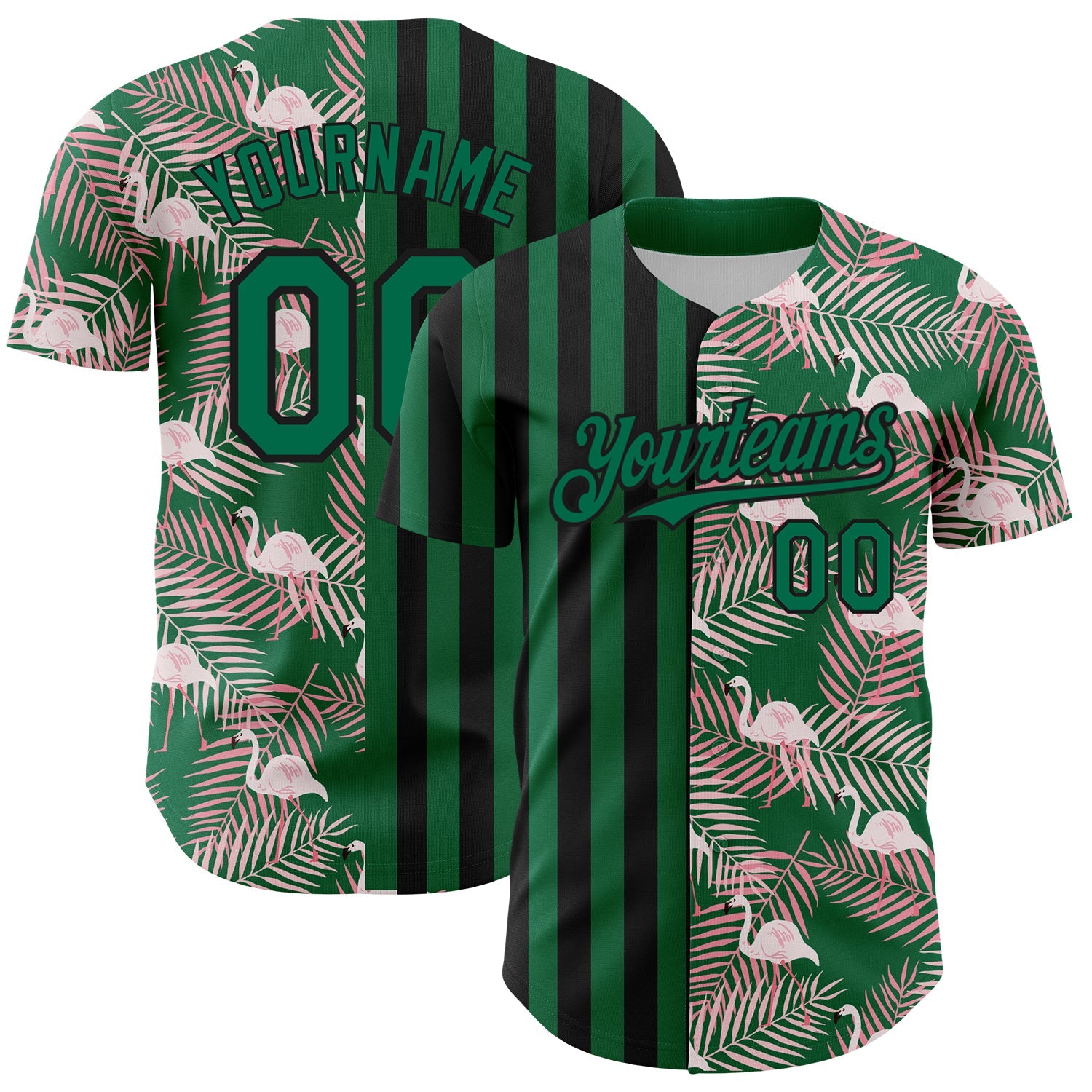 Custom Kelly Green Black 3D Pattern Design Tropical Palm Leaves And Famingo Authentic Baseball Jersey - Sky-Custom