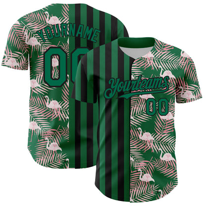 Custom Kelly Green Black 3D Pattern Design Tropical Palm Leaves And Famingo Authentic Baseball Jersey - Sky-Custom