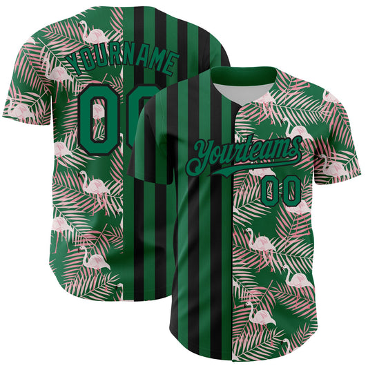 Custom Kelly Green Black 3D Pattern Design Tropical Palm Leaves And Famingo Authentic Baseball Jersey - Sky-Custom