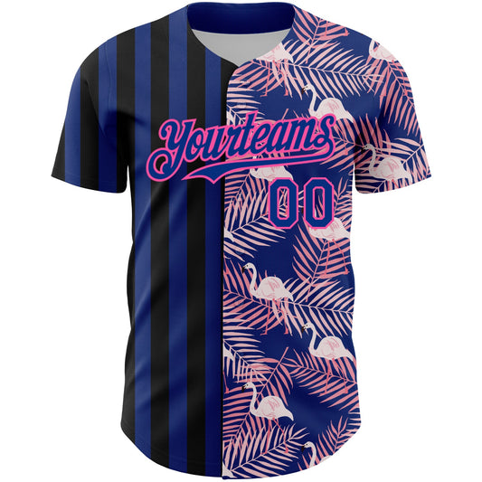 Custom Royal Pink-Black 3D Pattern Design Tropical Palm Leaves And Famingo Authentic Baseball Jersey - Sky-Custom