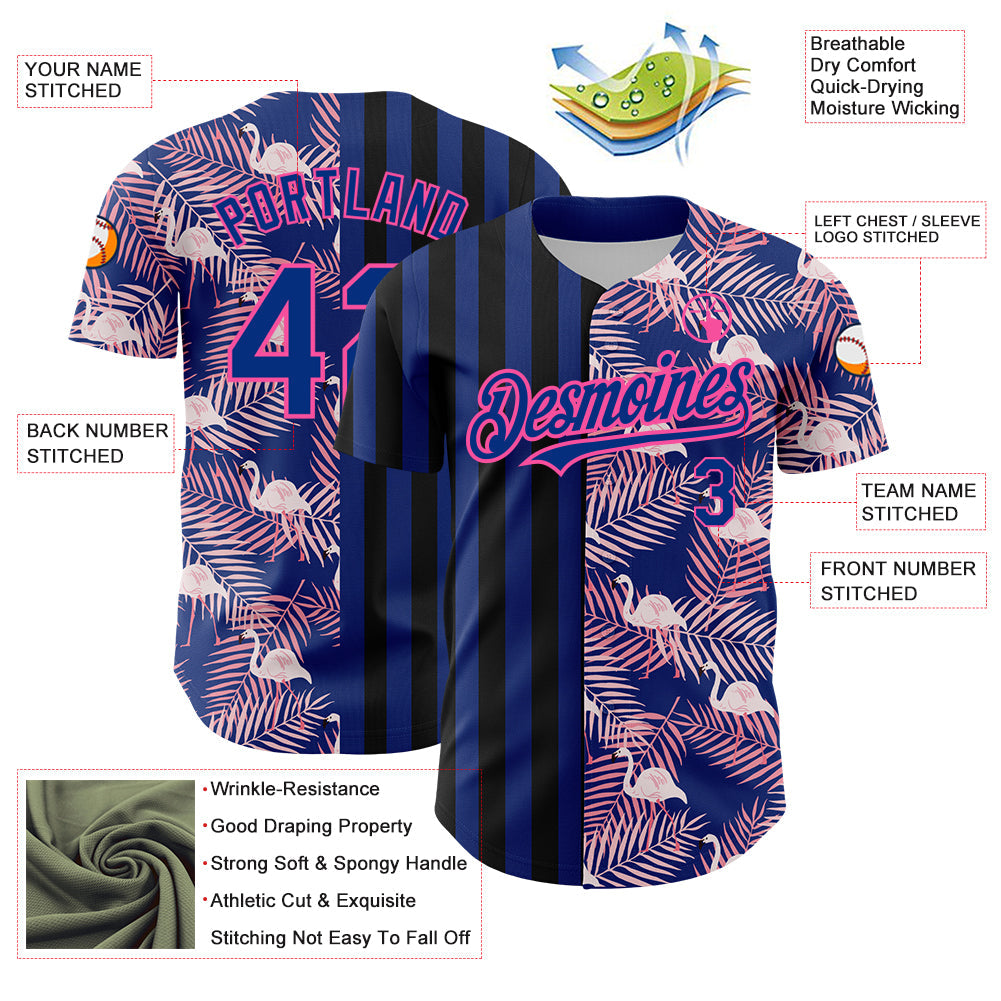 Custom Royal Pink-Black 3D Pattern Design Tropical Palm Leaves And Famingo Authentic Baseball Jersey - Sky-Custom