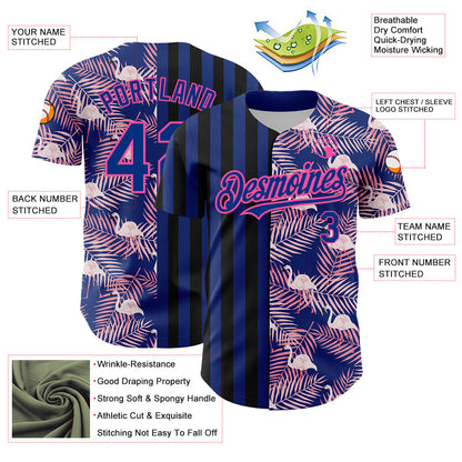Custom Royal Pink-Black 3D Pattern Design Tropical Palm Leaves And Famingo Authentic Baseball Jersey - Sky-Custom