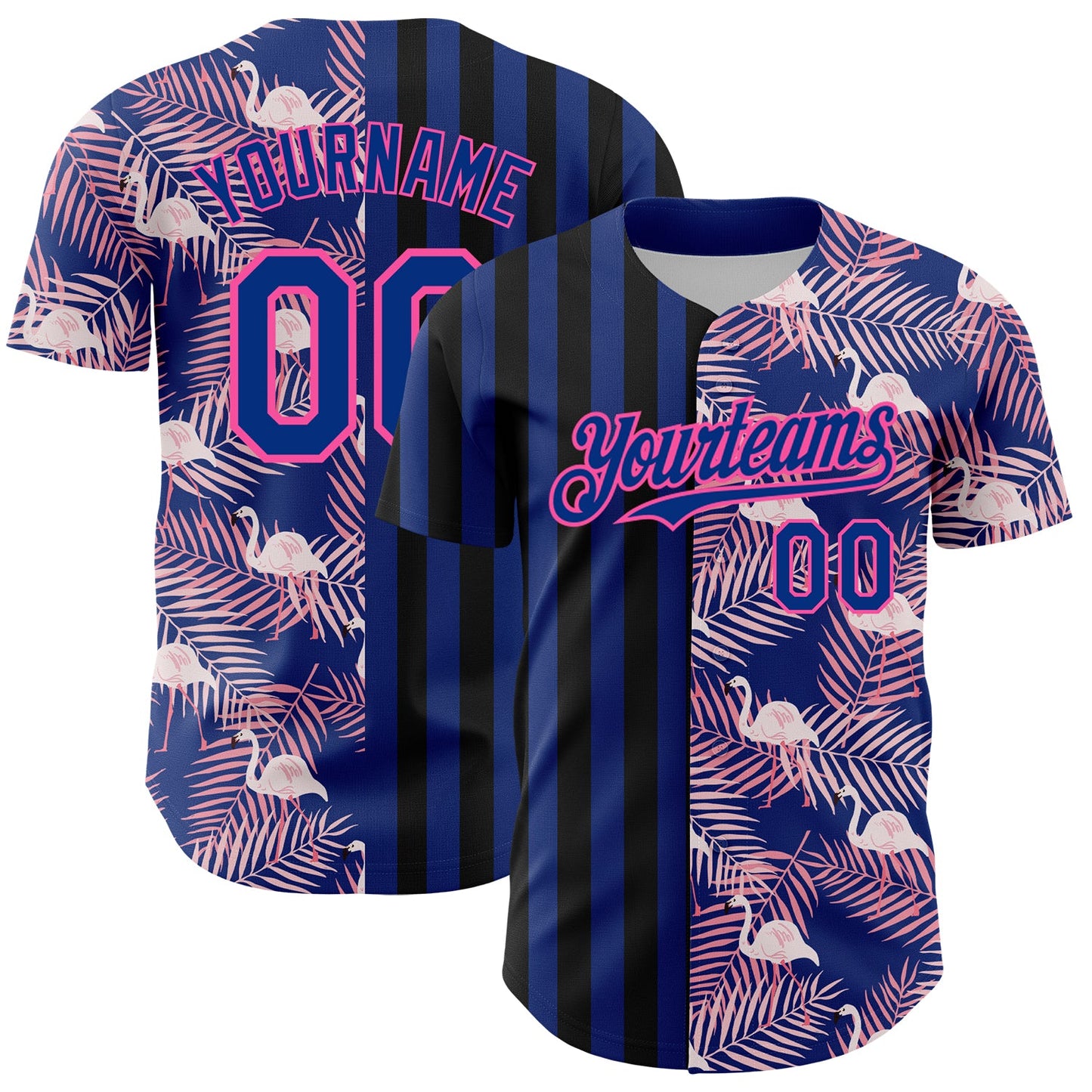 Custom Royal Pink-Black 3D Pattern Design Tropical Palm Leaves And Famingo Authentic Baseball Jersey - Sky-Custom