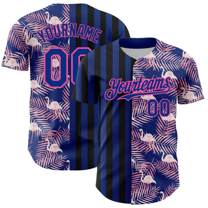 Custom Royal Pink-Black 3D Pattern Design Tropical Palm Leaves And Famingo Authentic Baseball Jersey - Sky-Custom