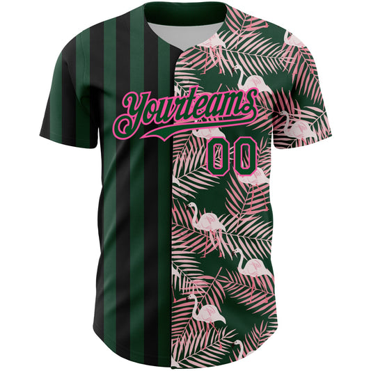 Custom Green Pink-Black 3D Pattern Design Tropical Palm Leaves And Famingo Authentic Baseball Jersey - Sky-Custom