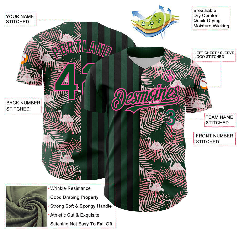 Custom Green Pink-Black 3D Pattern Design Tropical Palm Leaves And Famingo Authentic Baseball Jersey - Sky-Custom