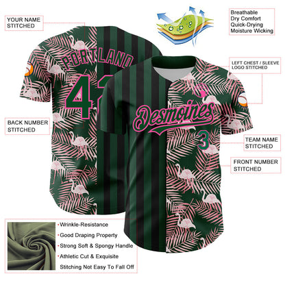 Custom Green Pink-Black 3D Pattern Design Tropical Palm Leaves And Famingo Authentic Baseball Jersey - Sky-Custom