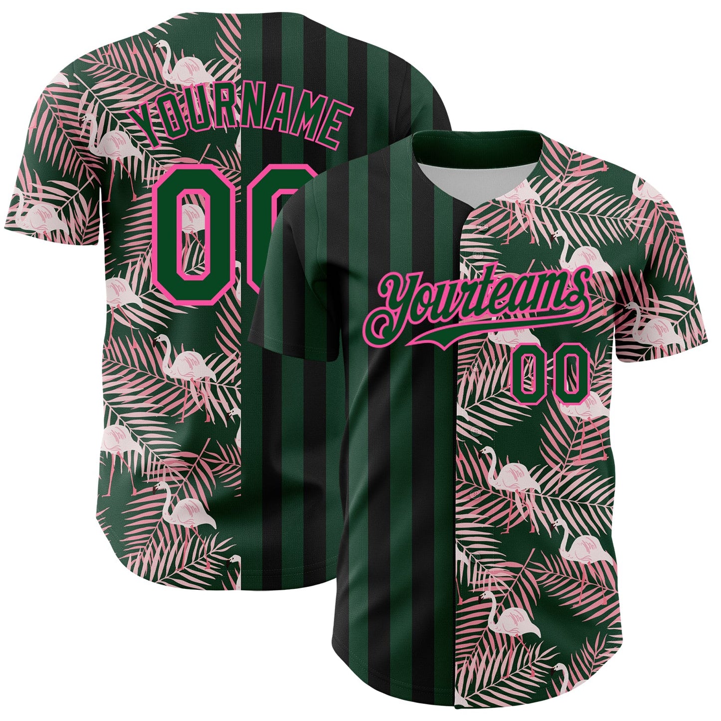 Custom Green Pink-Black 3D Pattern Design Tropical Palm Leaves And Famingo Authentic Baseball Jersey - Sky-Custom