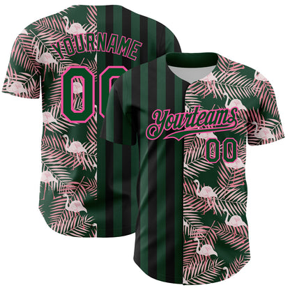 Custom Green Pink-Black 3D Pattern Design Tropical Palm Leaves And Famingo Authentic Baseball Jersey - Sky-Custom