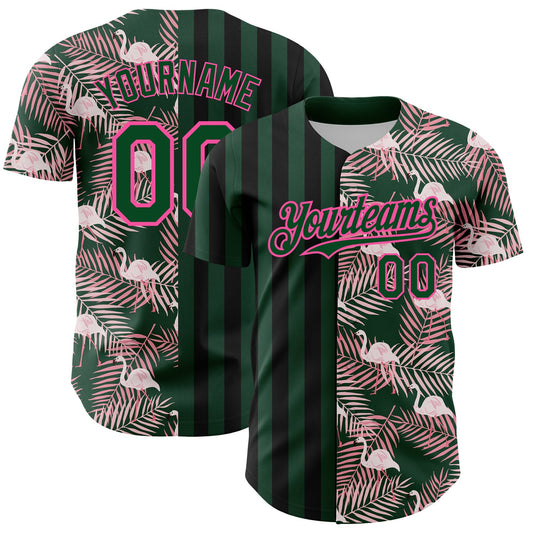 Custom Green Pink-Black 3D Pattern Design Tropical Palm Leaves And Famingo Authentic Baseball Jersey - Sky-Custom