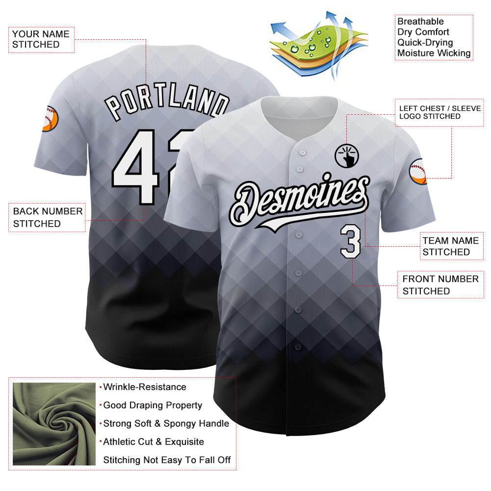 Custom Gray White-Black 3D Pattern Design Gradient Square Shape Authentic Baseball Jersey - Sky-Custom