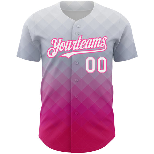 Custom Gray White-Pink 3D Pattern Design Gradient Square Shape Authentic Baseball Jersey - Sky-Custom