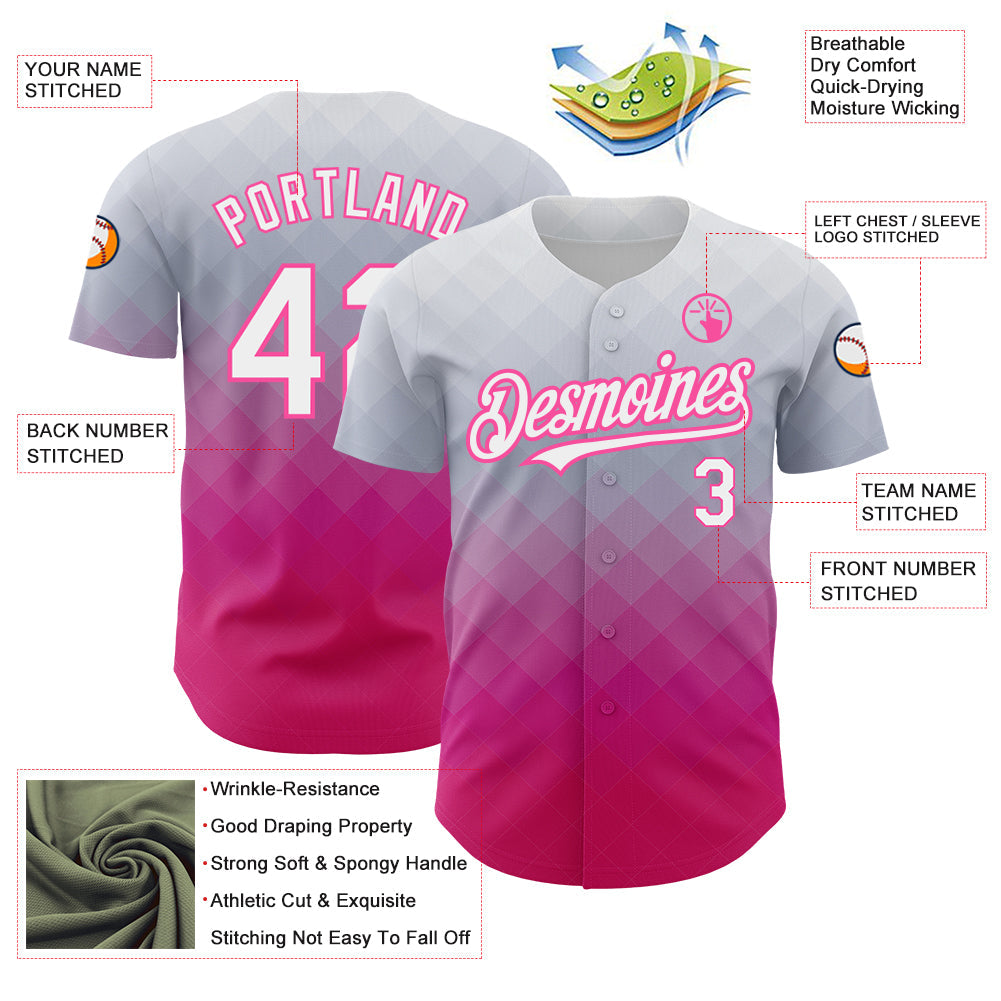 Custom Gray White-Pink 3D Pattern Design Gradient Square Shape Authentic Baseball Jersey - Sky-Custom