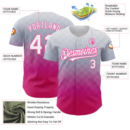 Custom Gray White-Pink 3D Pattern Design Gradient Square Shape Authentic Baseball Jersey - Sky-Custom