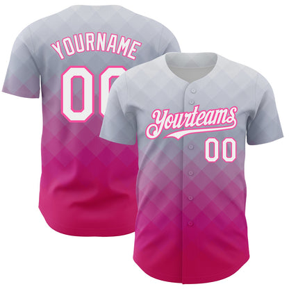 Custom Gray White-Pink 3D Pattern Design Gradient Square Shape Authentic Baseball Jersey - Sky-Custom