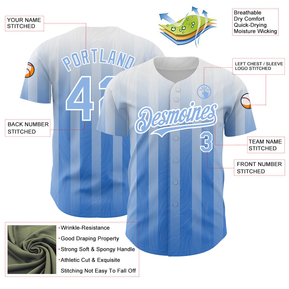 Custom White Light Blue 3D Pattern Design Stripes Authentic Baseball Jersey - Sky-Custom