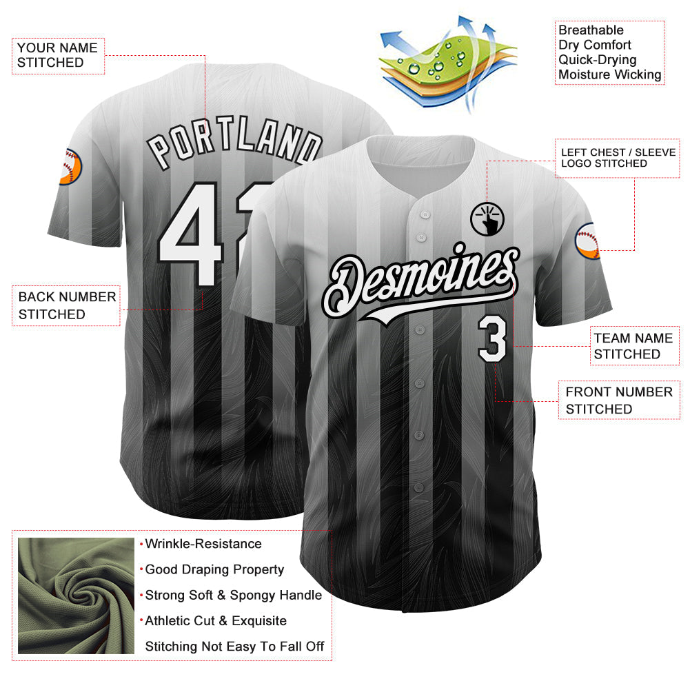 Custom Gray White-Black 3D Pattern Design Stripes Authentic Baseball Jersey - Sky-Custom