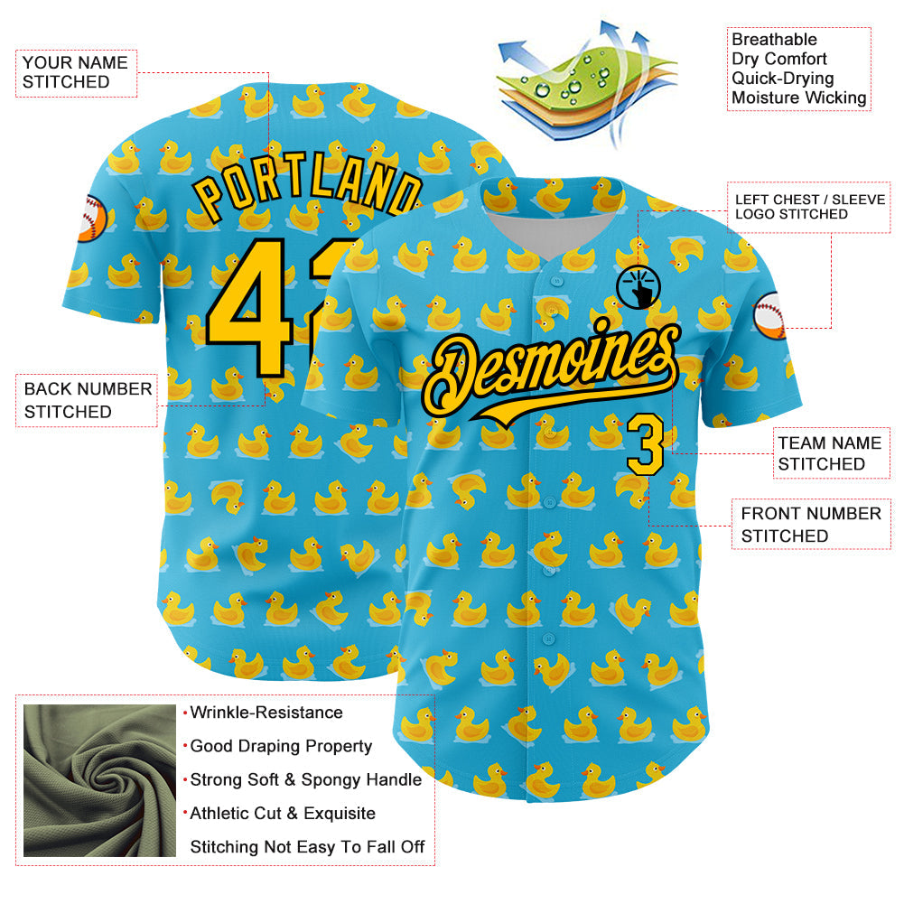Custom Sky Blue Yellow-Black 3D Pattern Design Duck Authentic Baseball Jersey - Sky-Custom