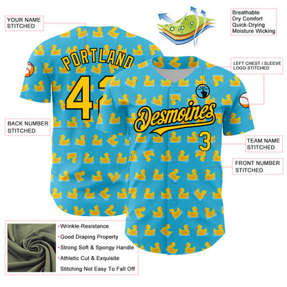 Custom Sky Blue Yellow-Black 3D Pattern Design Duck Authentic Baseball Jersey - Sky-Custom