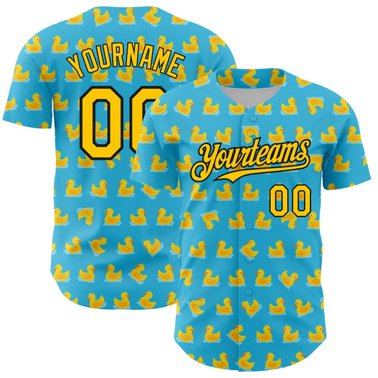 Custom Sky Blue Yellow-Black 3D Pattern Design Duck Authentic Baseball Jersey - Sky-Custom