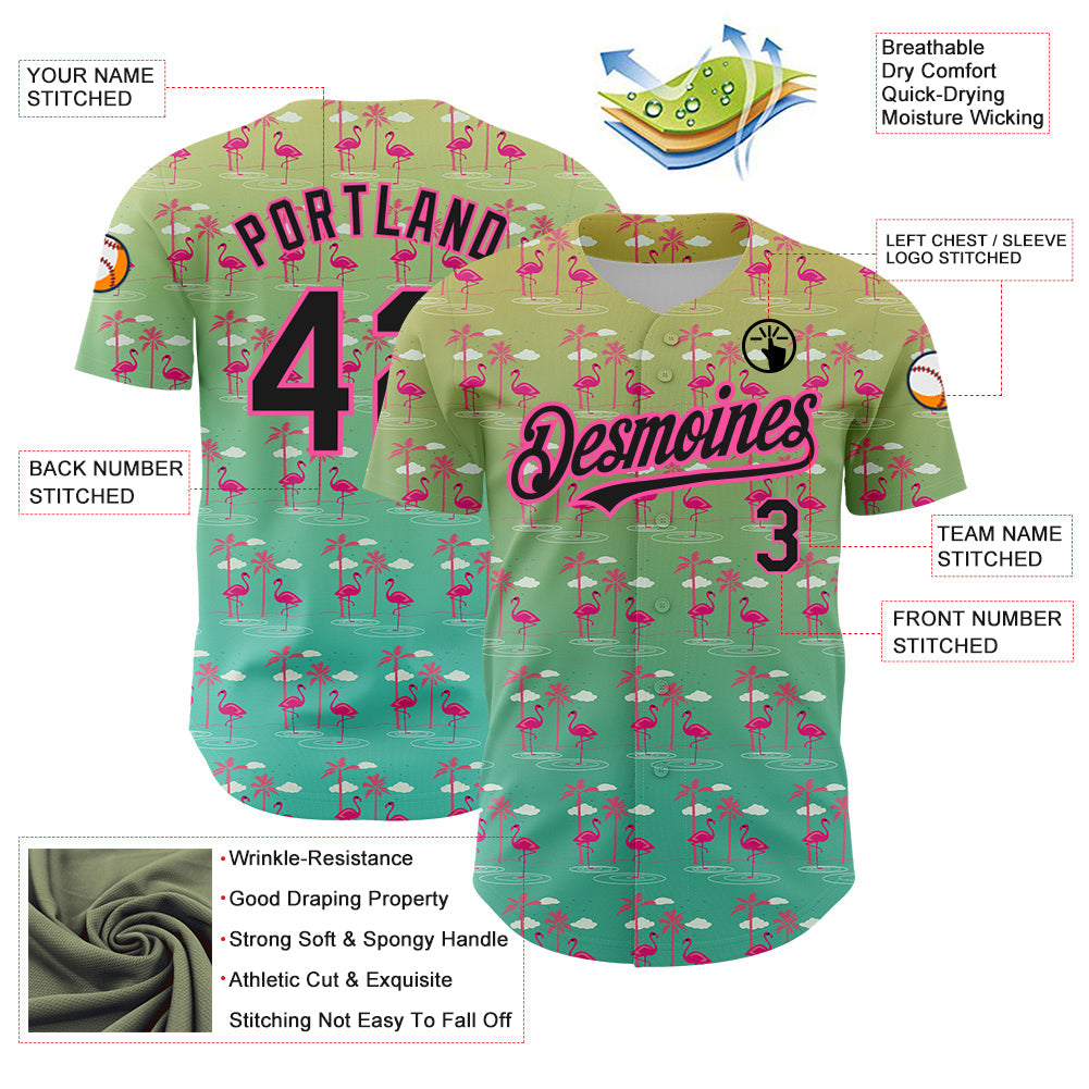 Custom Green Black-Pink 3D Pattern Design Tropical Hawaii Palm Trees And Flamingo Authentic Baseball Jersey - Sky-Custom